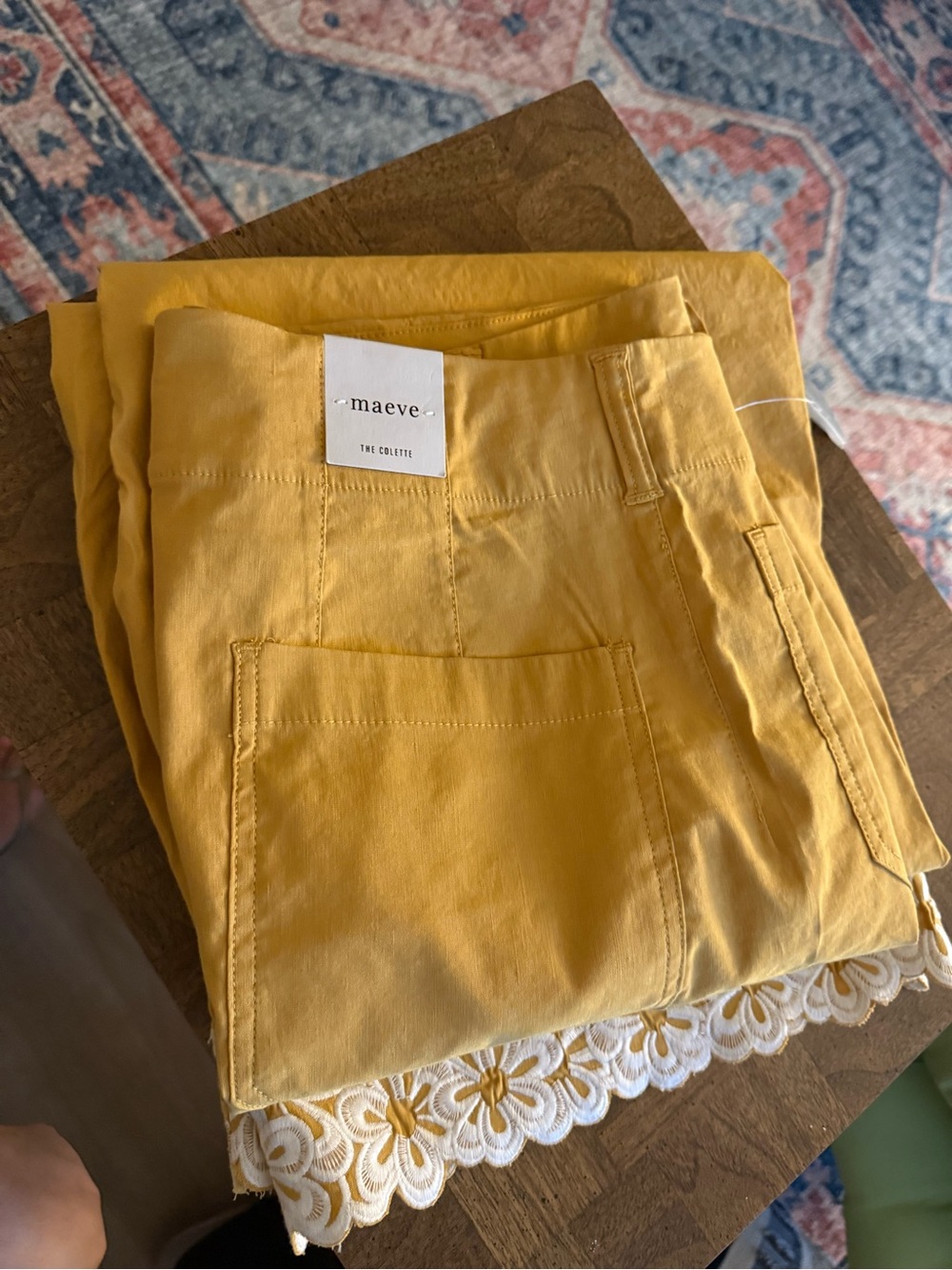 Anthropologie Women's Mustard Wide-Leg Embroidered Hem Pants - Picture 2 of 4